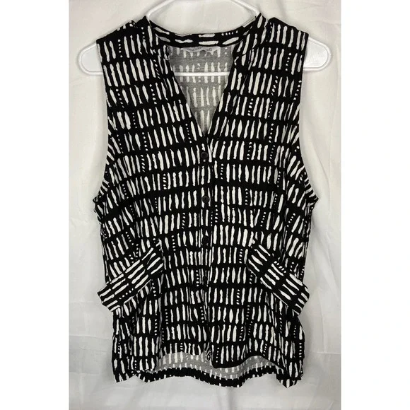 Nine West Womens XL Black White Abstract Dash Print Sleeveless Button Front Top - Picture 8 of 9